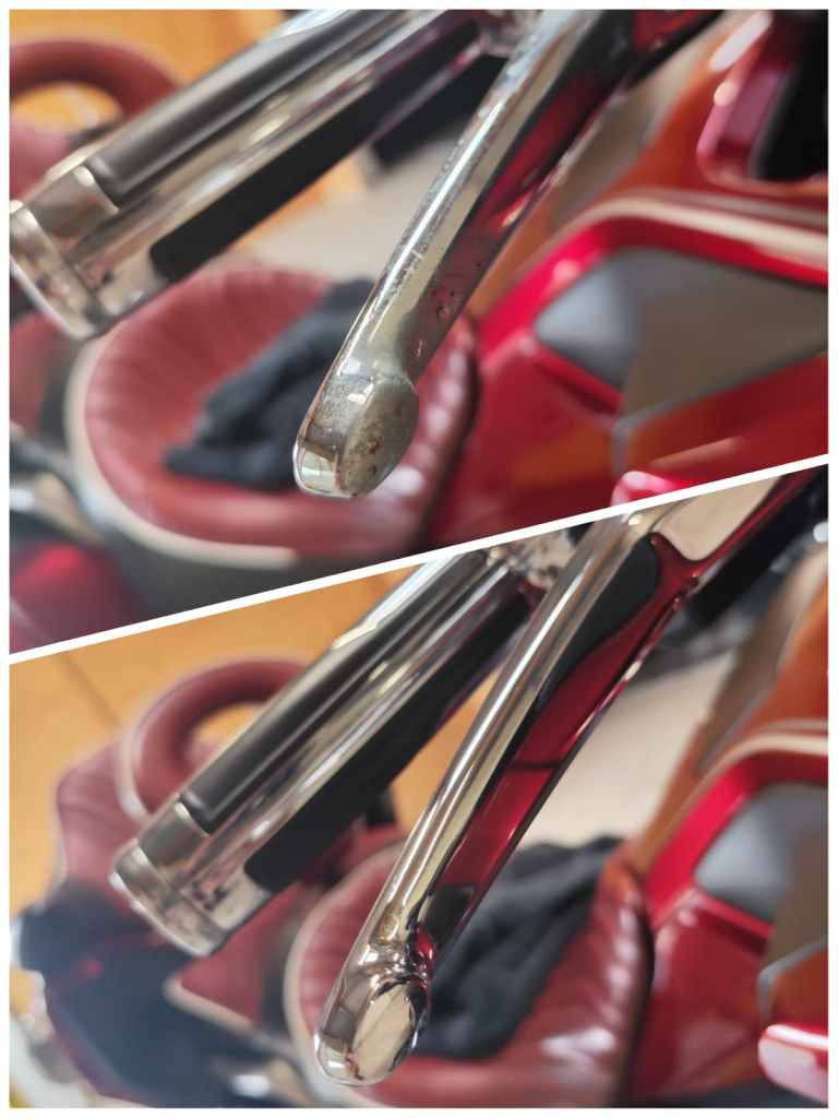 Rénovation complète des jantes, carénages et moteur de moto avec vapeur haute pression pour un rendu impeccable.